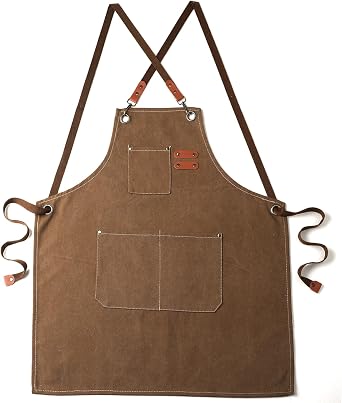 Canvas Apron with Cross Back Straps for Men & men,Apron with Multiple Pockets for Cooking,BBQ,Workshop,Gardening