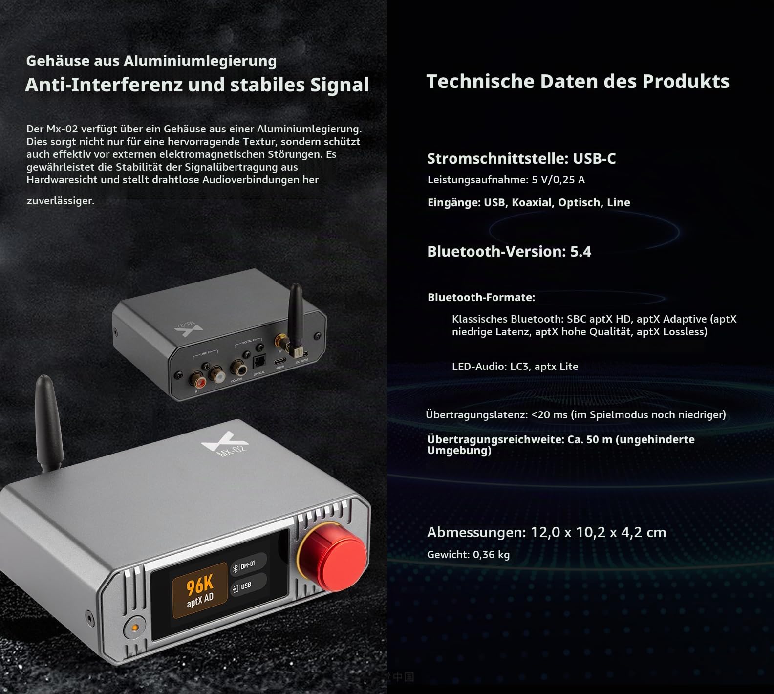 xDuoo MX-02 HD Bluetooth 5.4 Audio-Sender – LE Audio und aptX Lossless für extrem niedrige Latenz, Bluetooth-Dongle für PC/TV/CD-Player/PS5, kabelloser Lossless-Sender für Lautsprecher/Kopfhörer