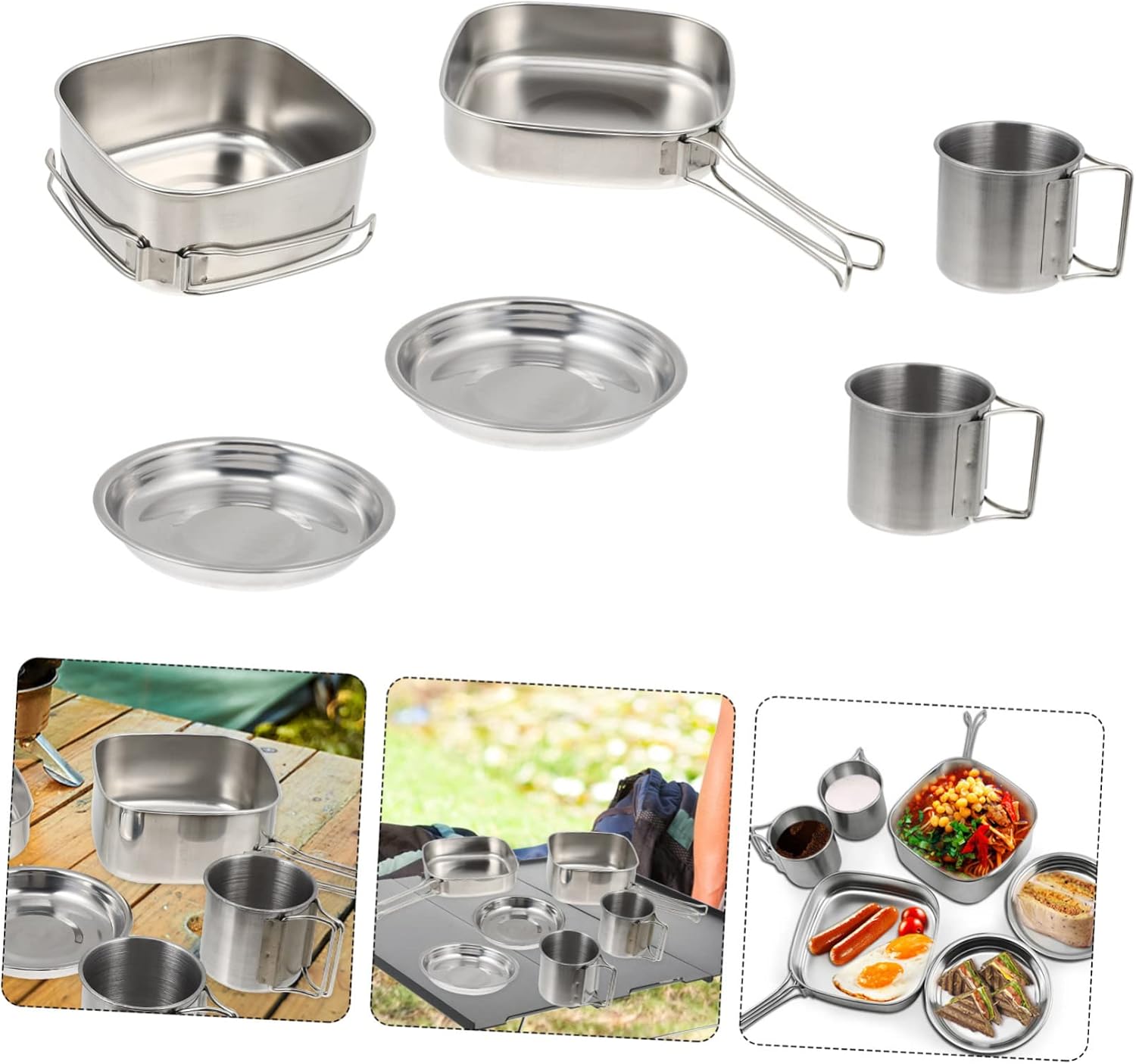 Abaodam 1Set Stainless Steel Camping Cookware Portable Picnic Cooking Utensils for Outdoor Activities Easy to Clean Handles for Hiking BBQ and More