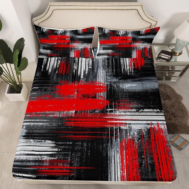 Miniatura 2 de Feelyou Juego de sábanas de color rojo, negro y gris con bolsillo profundo, sábana bajera geométrica artística, juego de sábanas de arte de graffiti