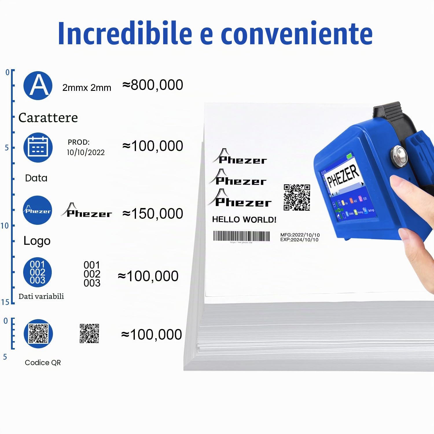 Phezer Mini stampante a getto d'inchiostro aggiornata per tutti i materiali PC11 Plus, 25 lingue e cartuccia d'inchiostro ad asciugatura rapida, dispositivo di marcatura tascabile portatile per data e