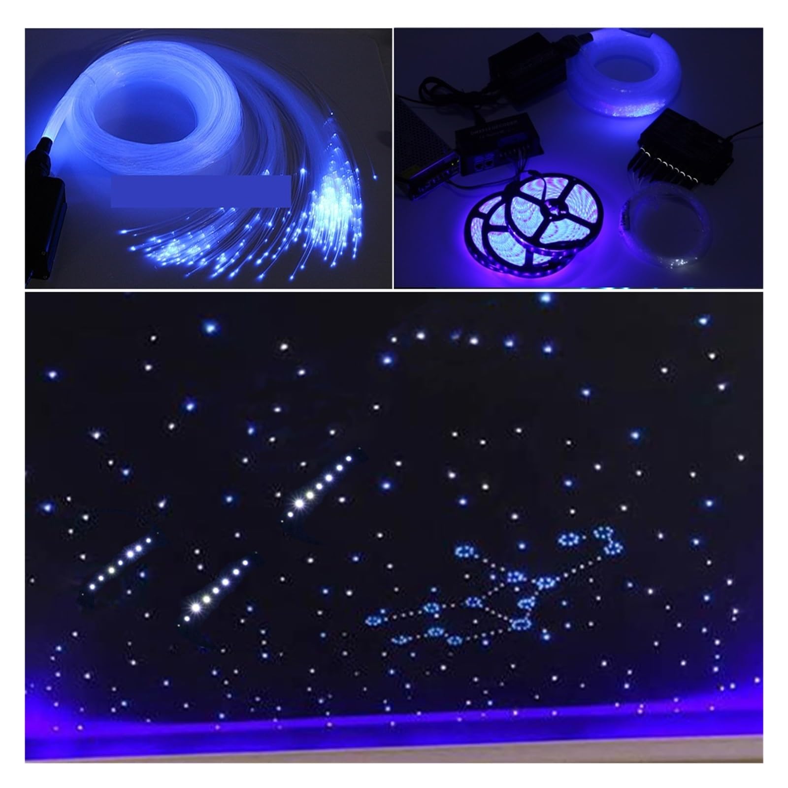 Luci interne a LED per auto, Kit soffitto a stella in fibra ottica ， Controllo decodificatore RGBW 16W Striscia 15m 4m 335 fili ， Progetto decorativo luce meteorica in fibra Luci d'atmosfera per auto