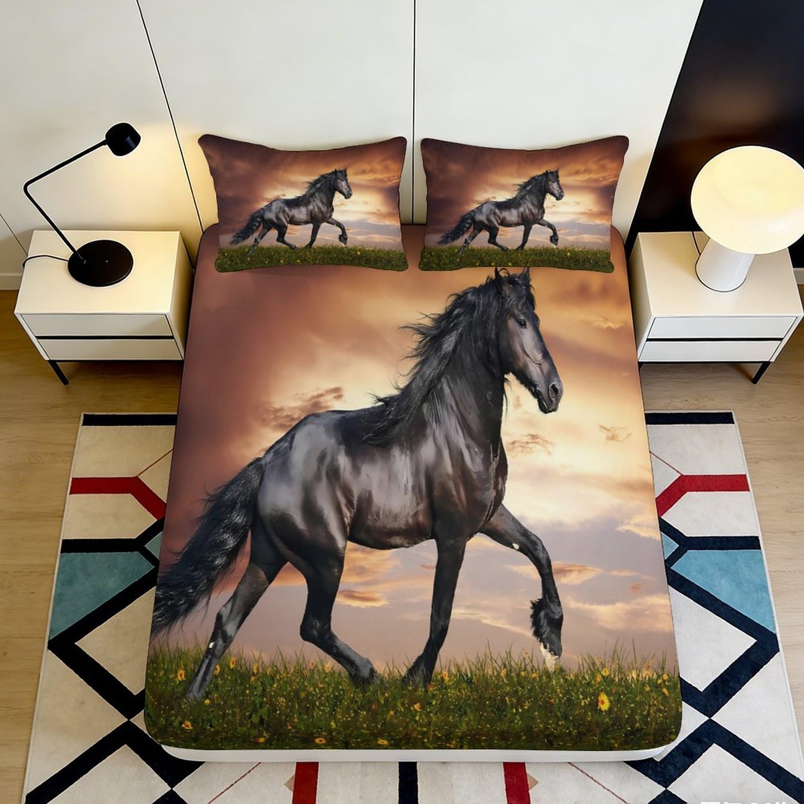 Qjzxknhpgr Style-3 3D Printed Galloping Horse Fitted Sheet Microfiber Soft Breathable Sunset Meadow Bed Cover For Bedroom Guest Room Decor 90X200x25cm