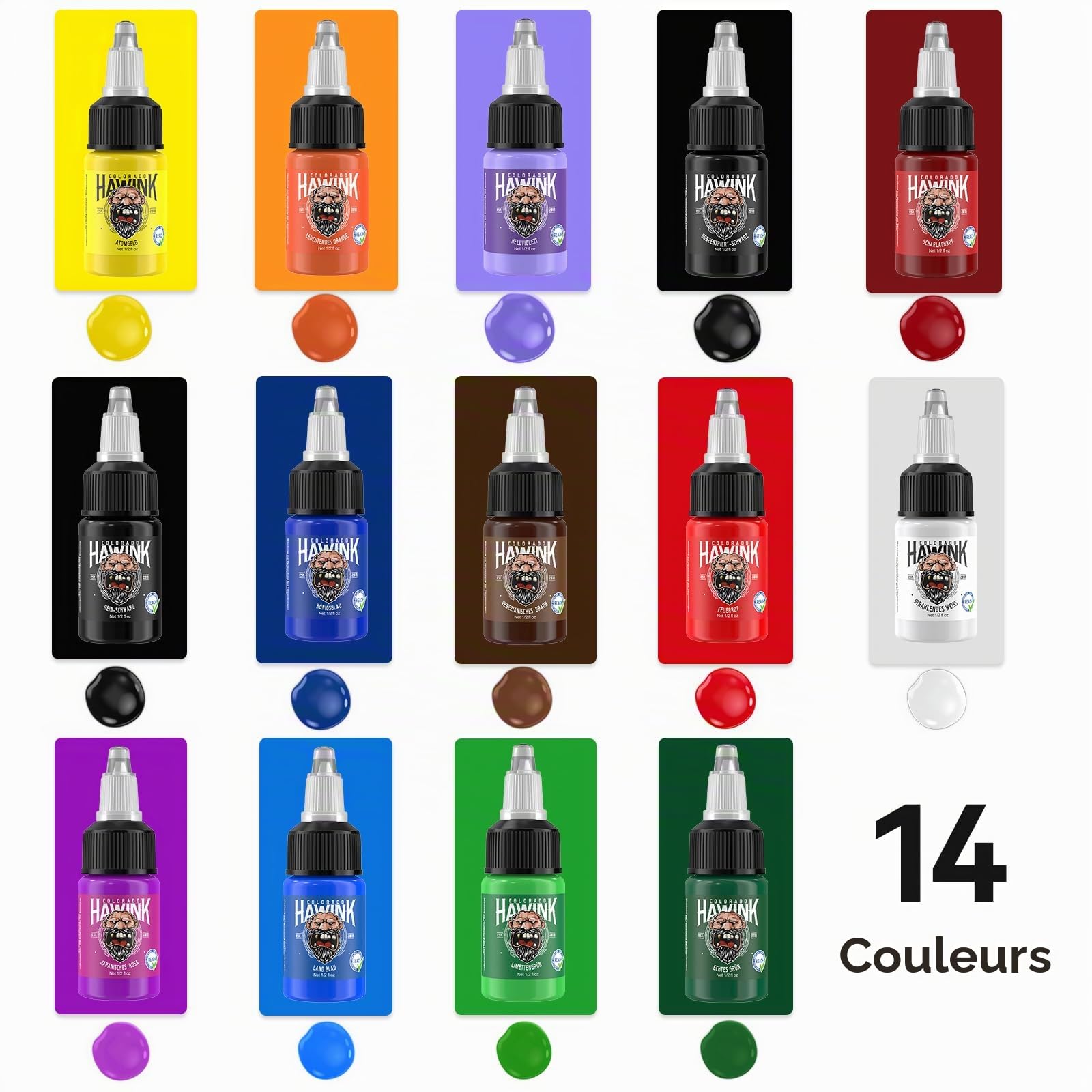 HAWINK Encre Tatouage Kit Professionnel 14 Bouteilles Coloris Accessoire de Tatouage 1/2oz Tattoo Ink TI203DE-15-14