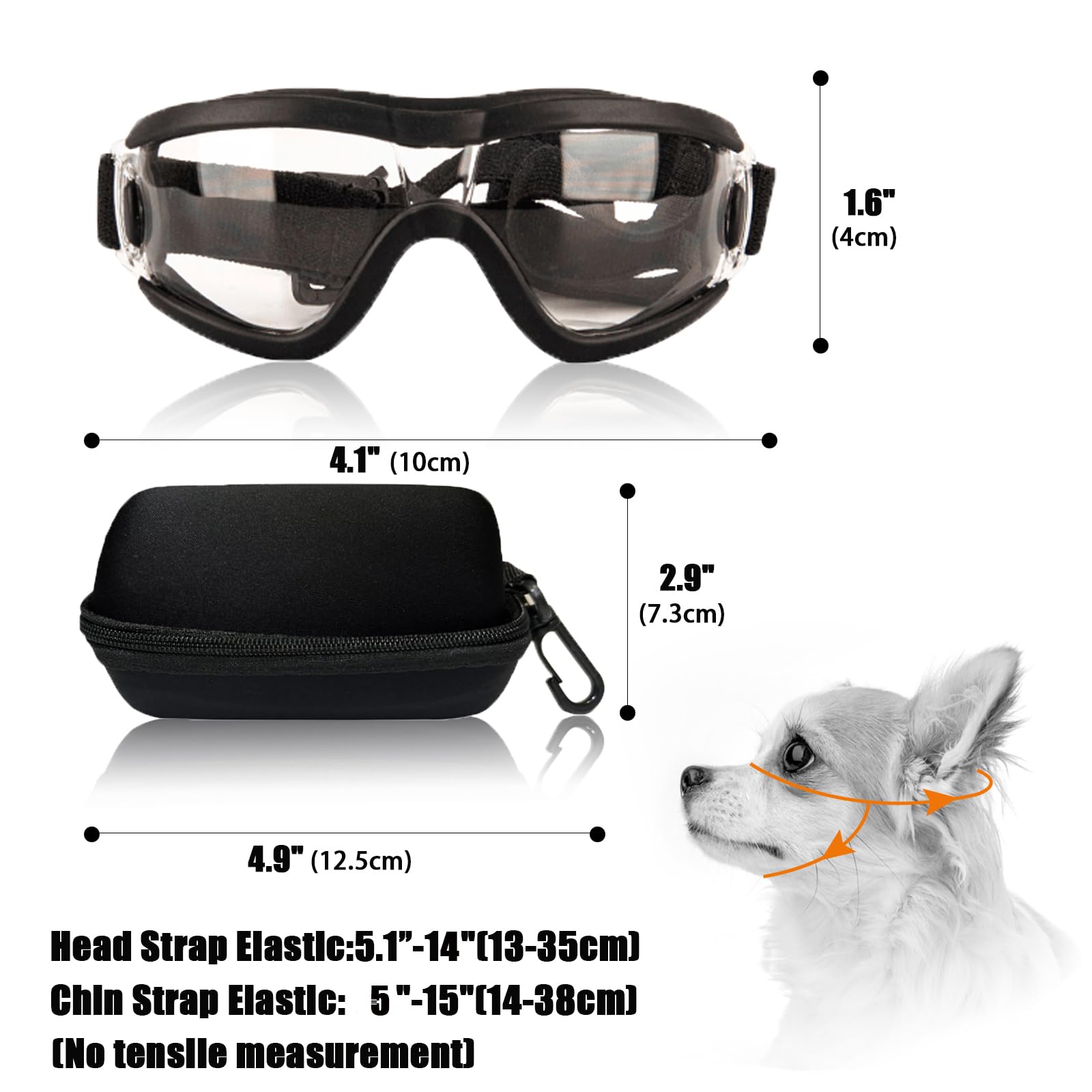 Occhiali da sole per cani di piccola taglia con protezione UV, regolabili, per cagnolini, cuccioli, anti-appannamento, vento, polvere e neve (montatura nera, lenti trasparenti)