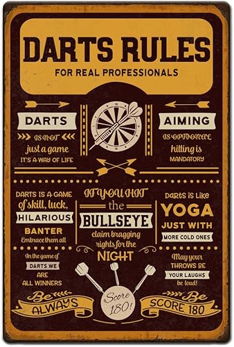 Letrero de metal vintage de 8 x 12 pulgadas, diseño retro de reglas de dardos con aspecto de óxido, 180 dardos, accesorios para decoración de pared