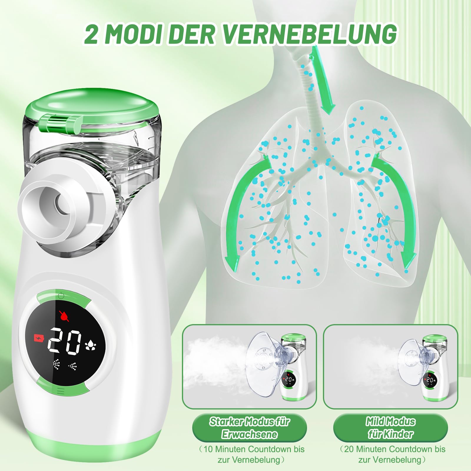 Wholede Inhalationsgerät Digitale, Inhaliergerät für Baby Kinder Erwachsene, 1200mAh Aufladbarer Vernebler Inhalator mit Countdown zur Zerstäubung, Leise Tragbarer Inhalator mit 2 Maske und Mundstück