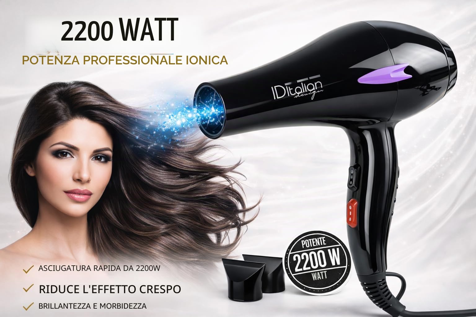ID Italian Design – Asciugacapelli professionale Ion Elite 2200 W – Tecnologia ionica, motore AC, 3 livelli di calore, 2 velocità e colpo d’aria fredda – Include 2 beccucci
