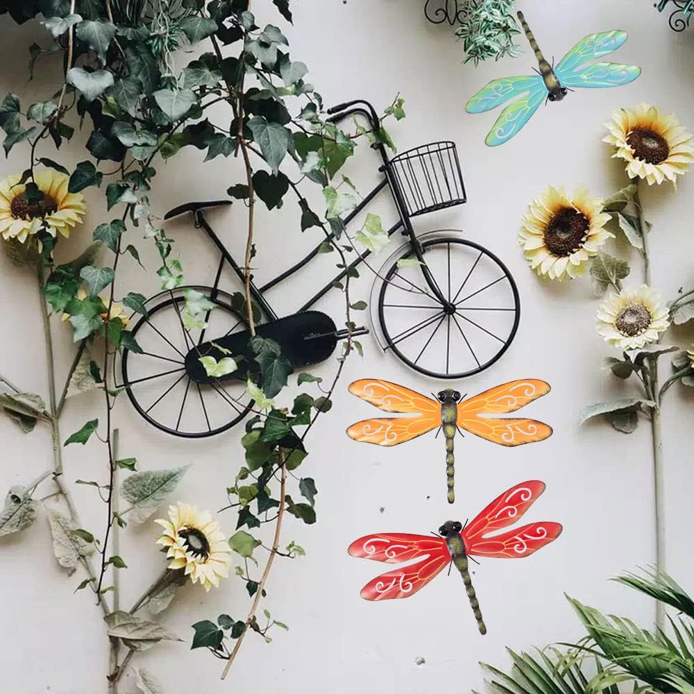 YEAHOME Metal Dragonfly Outdoor Wall Decor - 3 Pack 15.5’’ Wall Art Spring Decorations Hanging for Kitchen, Fence, Garden, Yard, Dragonfly Ornament, Handmade Gift for Indoor or Outdoor Decor