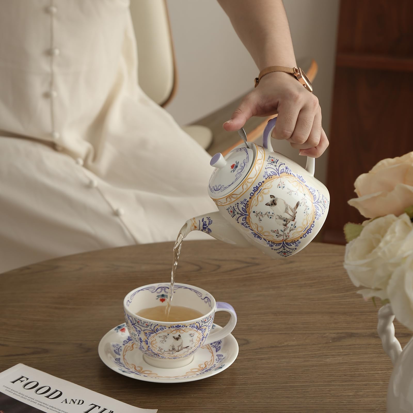 London Pottery Service à thé Aternoon en porcelaine anglaise pour 1 personne, théière, tasse et soucoupe à motif animal (chat)