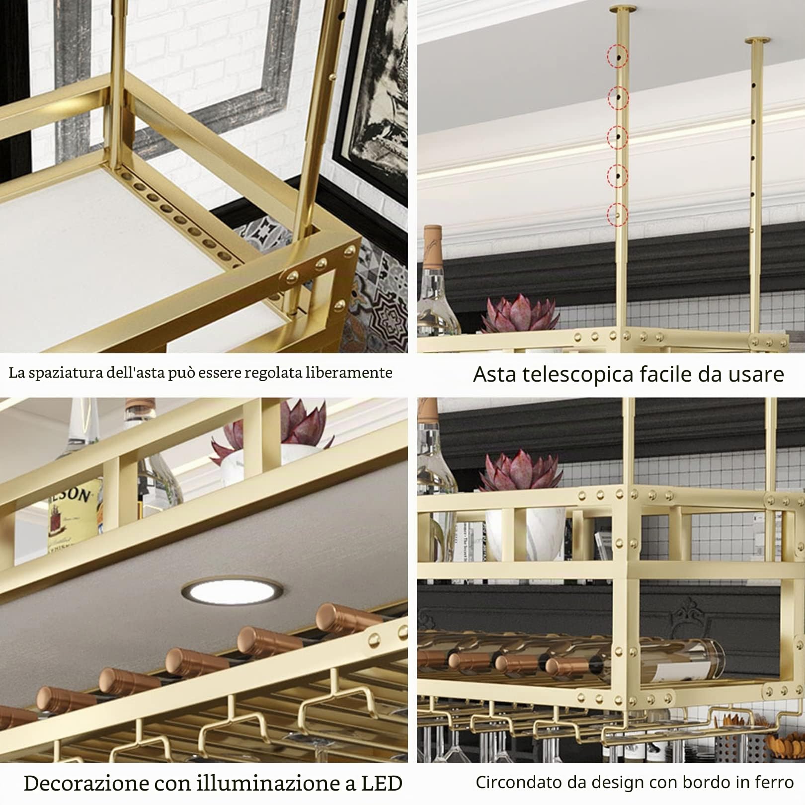 Portabottiglie da soffitto con 2 luci - Portabottiglie e portabicchieri Scaffali galleggianti Piante moderne Foto Bottiglie di vino Espositore Scaffale per cucina Sala da pranzo Home Bar