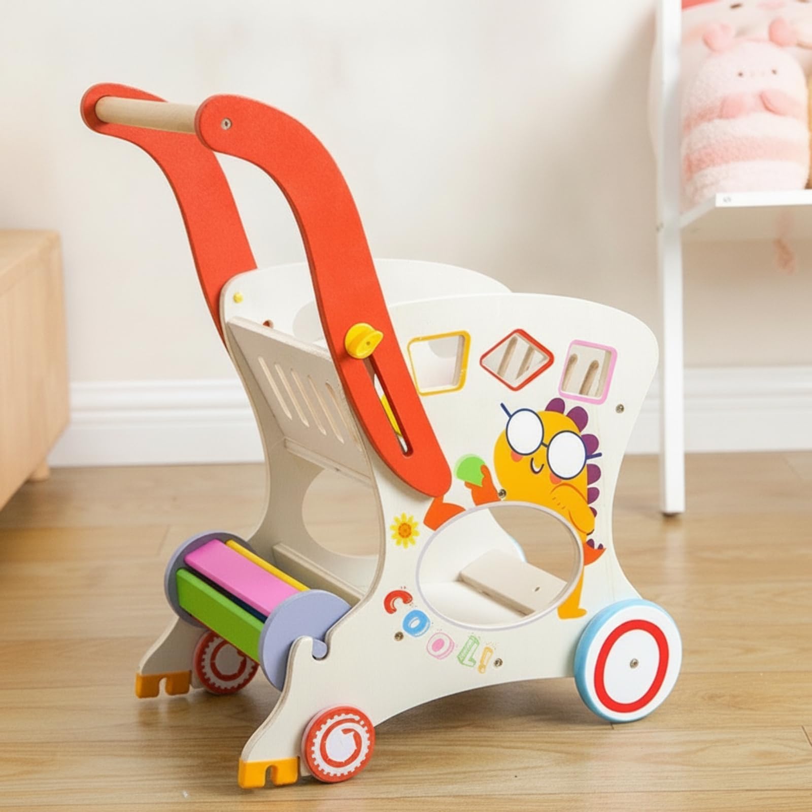 Aktivitätszentrum Spiel-Einkaufswagen Lauflernwagen aus Holz rutschfeste Räder Holz Einkaufswagen für zum Laufen Lernen