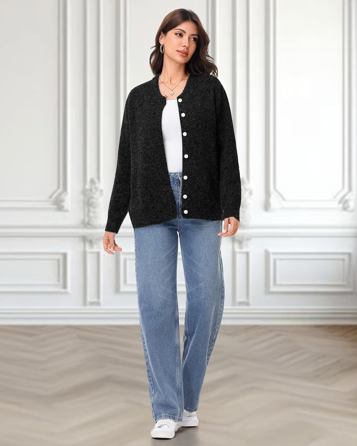 Women's Long Sleeve Sweater Cardigan Button Down Crew Neck Lightweight Cardigan Fall Open Front Loose Knit Sweater - Image 6