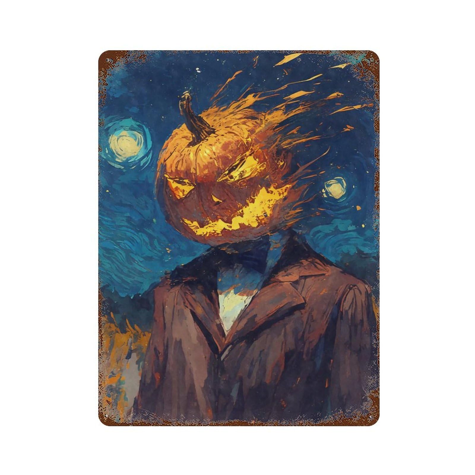 Retro Metal Sign with Pumpkin Head Man Starry Night Design 15.7"x11.8", for Living Room, Hallway And Home Decor, Farmhouse Wall Decor