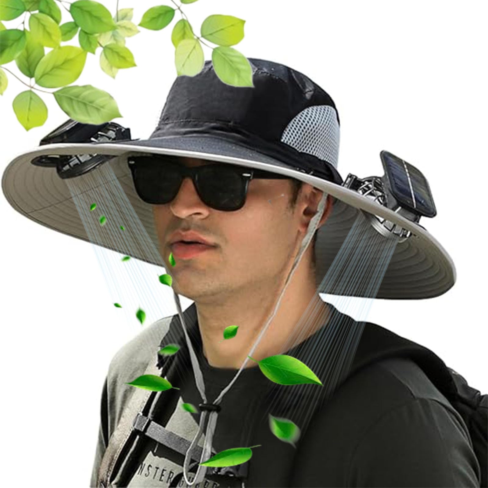 Wide Brim Solar Fan Outdoor Fishing Hat-Solar & USB Charging, UPF 50+ Solar Fan hat UV Protection with 2 Solar Fan (UK, Alpha, One Size, L, F)