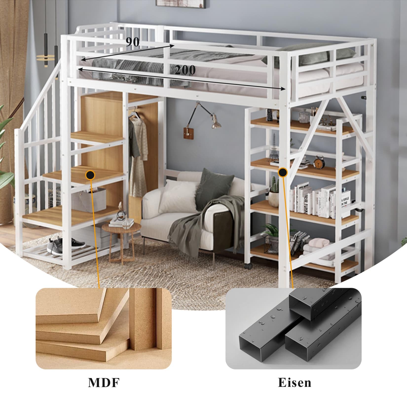 Lit Mezzanine Enfant 90x200 Métal,Lit Mezzanine 1 Place avec étagère à 4 Niveaux sur roulettes,Escalier de Rangement,Tringle à Vêtements,Haute Barrière,pour Enfants Ados