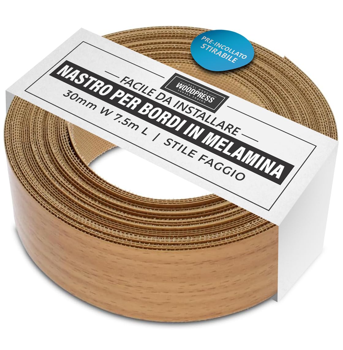 Bordo in melamina in faggio da 30 mm, nastro pre-incollato, rotolo da 7,5 m, termoadesivo per una facile applicazione fai da te – coprirà il bordo di un pannello standard in MDF