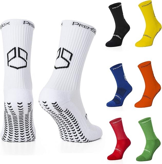 PremSox Football Grip Socks Non Slip Sports Sock featuring Rubber Pads inside and out Low Mid-Calf Non Slip Cushion Crew Team for Running, Fitness Black White Red Blue Yellow Green Orange 6 to 11