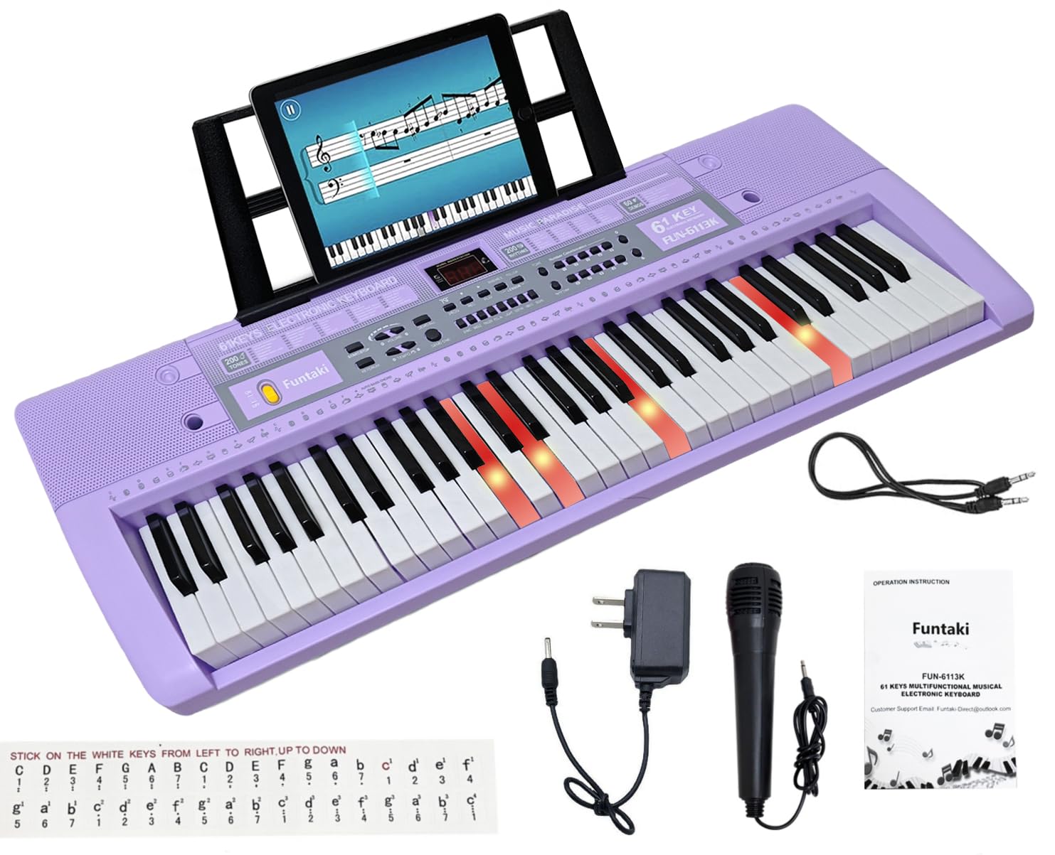 Clavier de piano électrique à 61 touches avec touches éclairées, synthétiseur numérique portable avec support, mini clavier musical pour débutants, enfants et adultes Violet