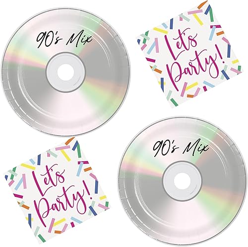 Miniatura 6 de Suministros para fiestas de los 90 – Platos llanos de papel CD de los 90's Mix y servilletas Let's Party (Serves 16)