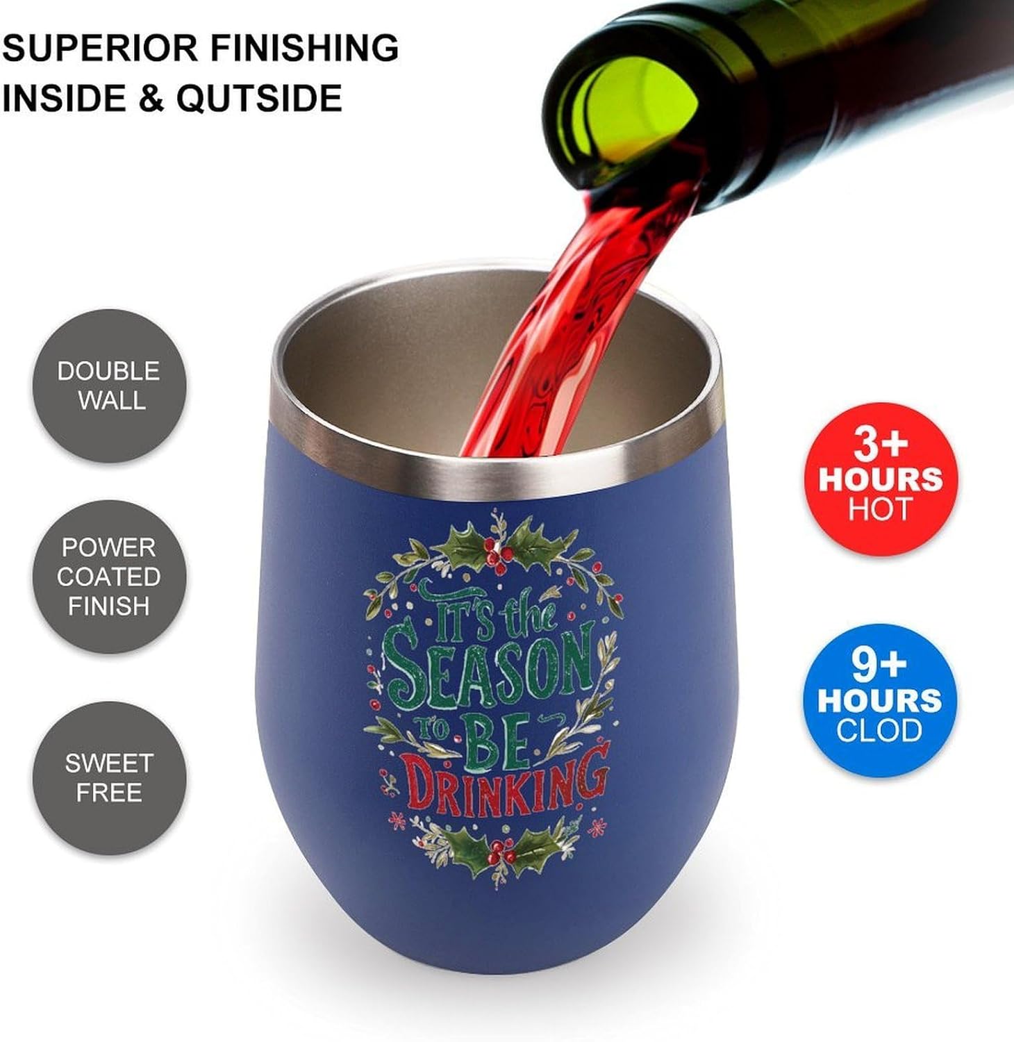 Christmas Drinking Season Insulated Drinking Cup Stainless Steel Coffee Mug Wine Tumbler with Lid 12OZ