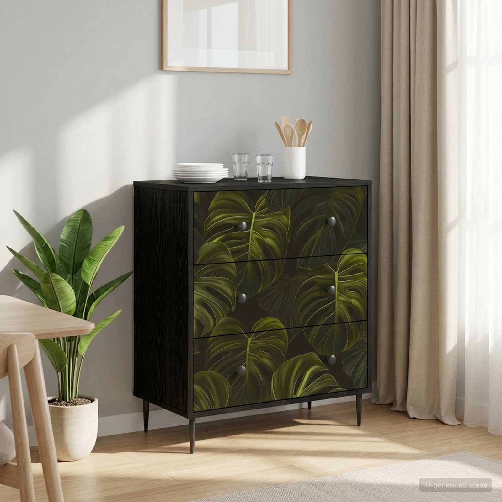 Cassettiera Rovere Nero con 3 Cassetti 66x36,5x76 cm | Comò moderno con stampa a foglia per camera da letto o soggiorno, ideale per riporre documenti e accessori.