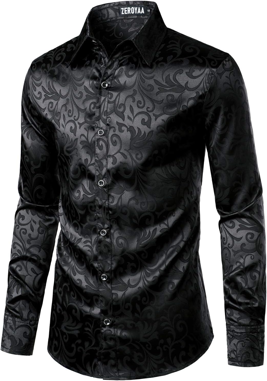 ZEROYAA Men's Luxury Jacquard Long Sleeve Dress Shirt Shiny Satin Slik Like Wedding Party Prom Shirts - Image 2