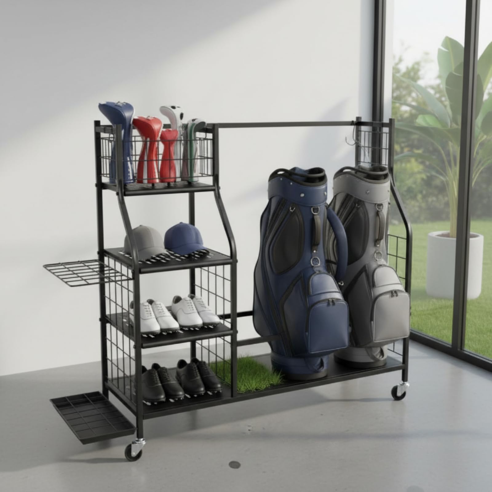 Golf Aufbewahrungsregal Golftasche Ständer Halter Organizer Ablage mit Rollen aus Eisen mit Wagenrollen für Flexibles Umstellen für Garage Heimlager Vereinsraum
