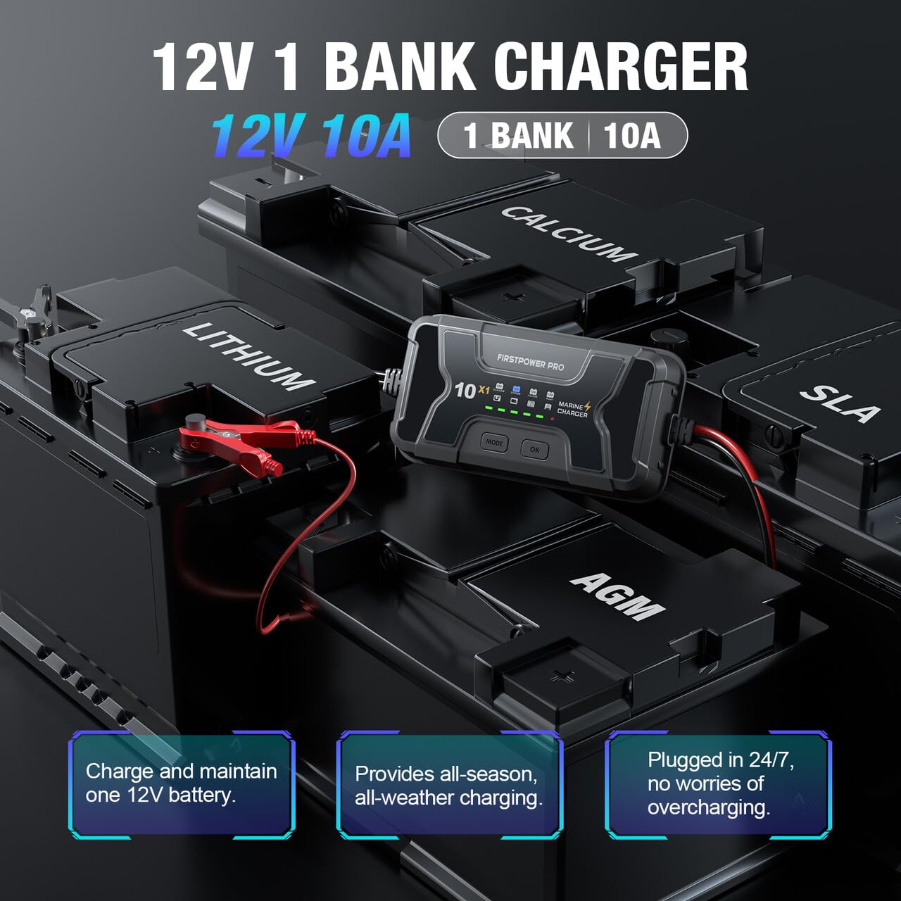 Caricabatteria marino 10X1: 1-Bank, 10A Onboard Charger - 10A per banca, 12V Impermeabile Barca Caricabatteria per SLA/AGM, Litio, Calcio - Carica 24/7