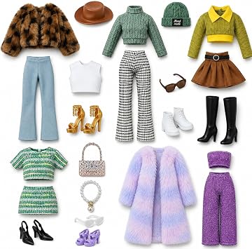 WanderGo 23 Pcs Doll Clothes And Accessories, Include 5 Doll Fashion Sets Outerwear, Sweaters, Trousers, Pencil Skirts, Hats, Sunglasses, Shoes, Necklaces, Bags, For 11.5 Inch Girl Dolls No Doll