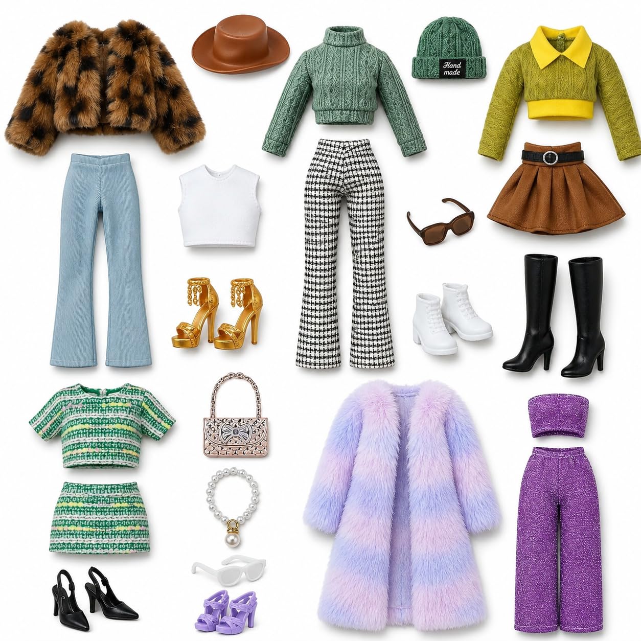 WanderGo 23 Pcs Doll Clothes And Accessories, Include 5 Doll Fashion Sets Outerwear, Sweaters, Trousers, Pencil Skirts, Hats, Sunglasses, Shoes, Necklaces, Bags, For 11.5 Inch Girl Dolls (No Doll)
