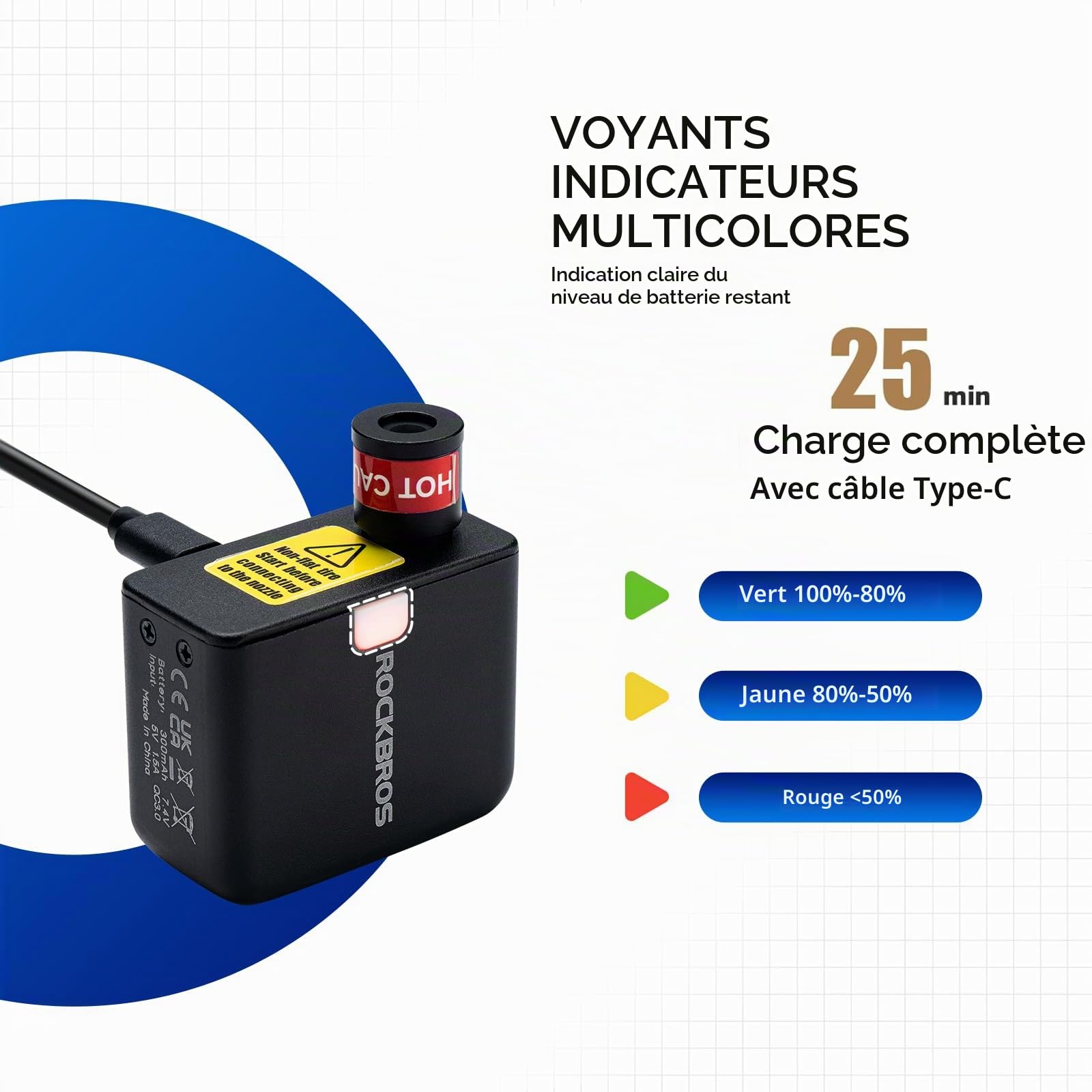 ROCKBROS Pompe à Vélo Électrique Mini, Gonfleur Roue Vélo 100PSI Petit Compresseur à Air VTT 300 mAh Pompe Mini Vélo Rechargeable Type-C pour Route VTT, Noir