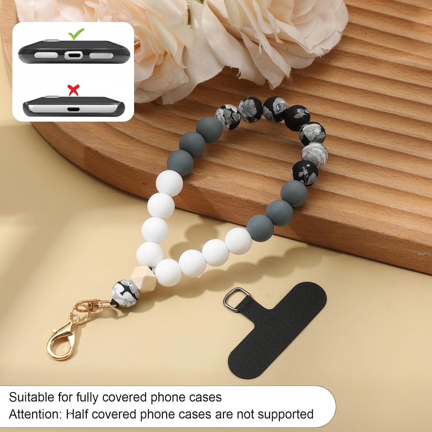 Silicone Beaded Cell Phone Wrist Strap, Marble Phone Charms Strap, Cellphone Wristlet Bracelet Strap with Tether Tab, Beaded Lanyard Wrist Bracelet for Women - Image 6