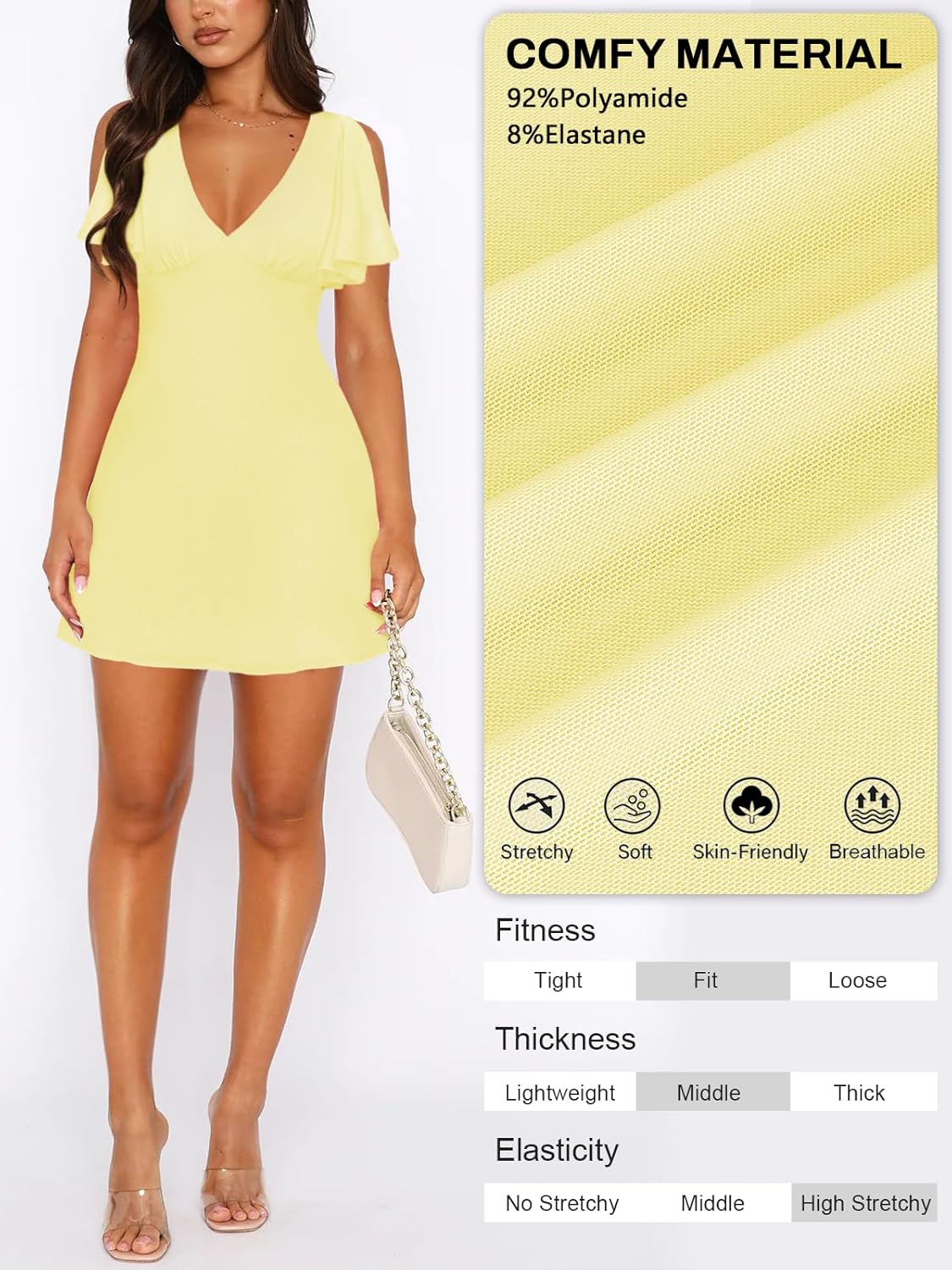 Women's Sexy Deep V-Neck Ruffle Sleeve Mini Dresses Summer Casual Bodycon Beach Cocktail Party Club Short Dress - Image 4