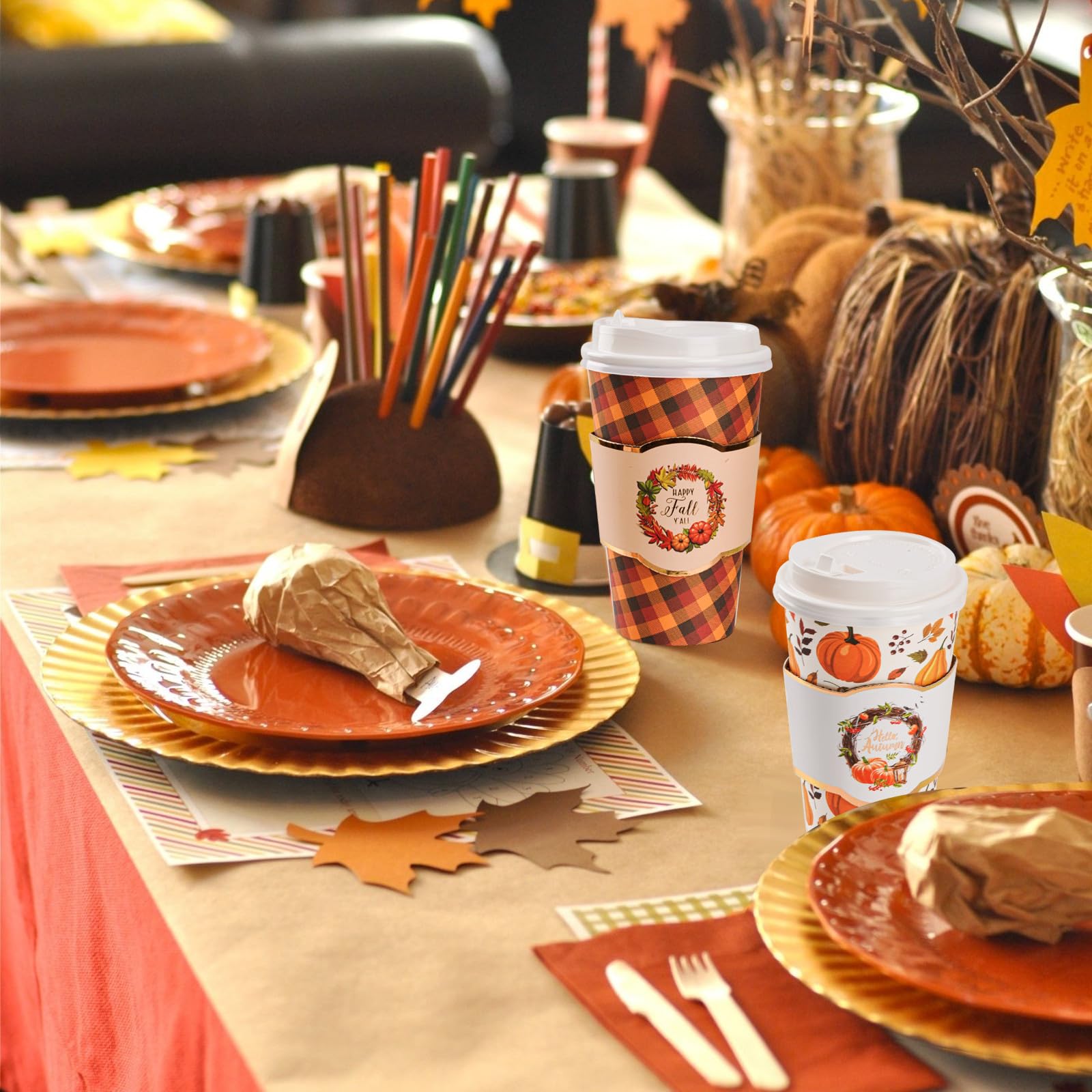 Juego de 72 tazas de café desechables de otoño con tapas y mangas, calabaza, hoja de arce, tazas de papel para beber para llevar, para cosecha de otoño, fiesta de Acción de Gracias, cafetería, bar,