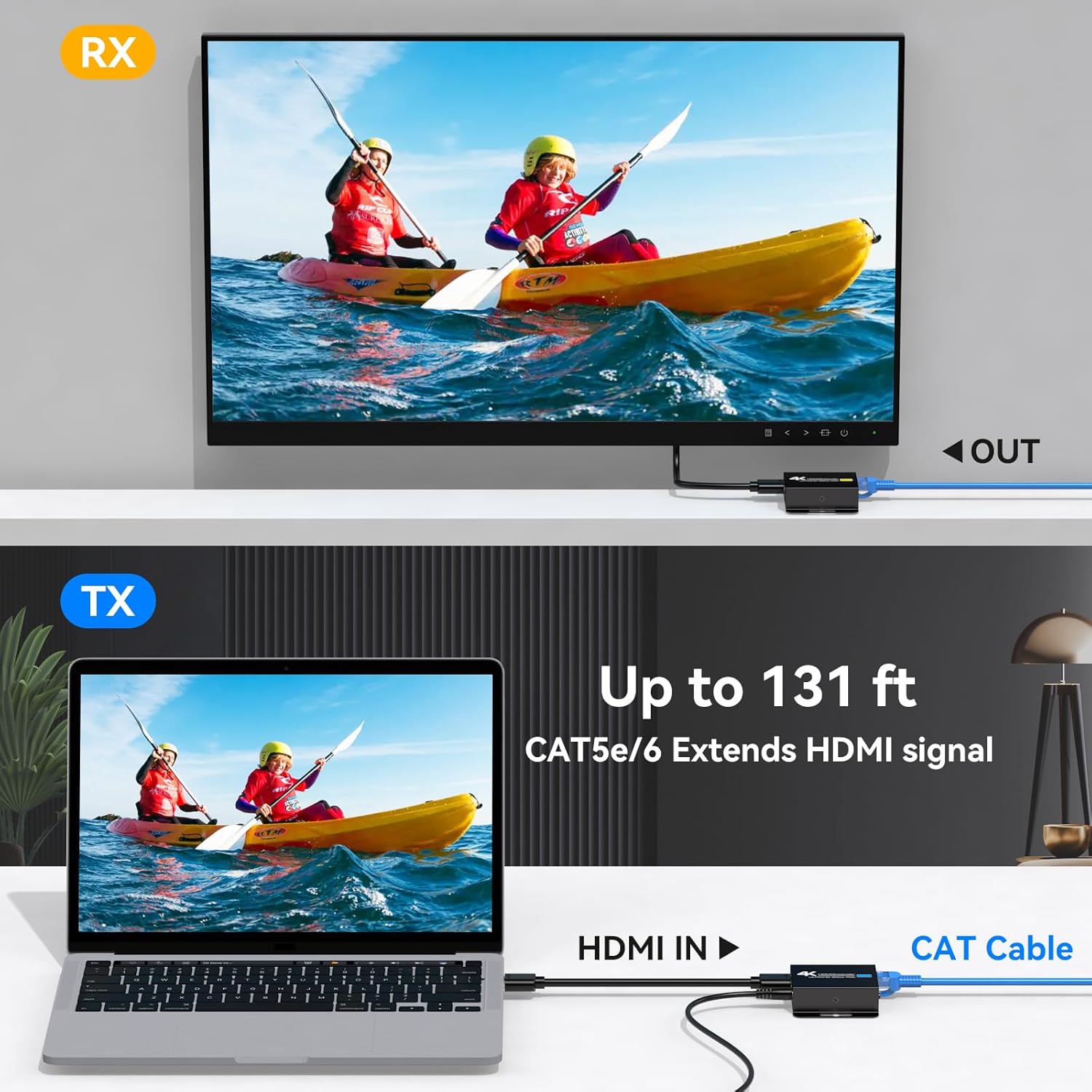 4K HDMI Extender Over CAT6/7 4K30Hz Upto 131ft/40m 1080P Upto 196ft/60m HDMI Balun Over Single Ethernet Support EDID and POC (Power Only Supplied to The TX End)