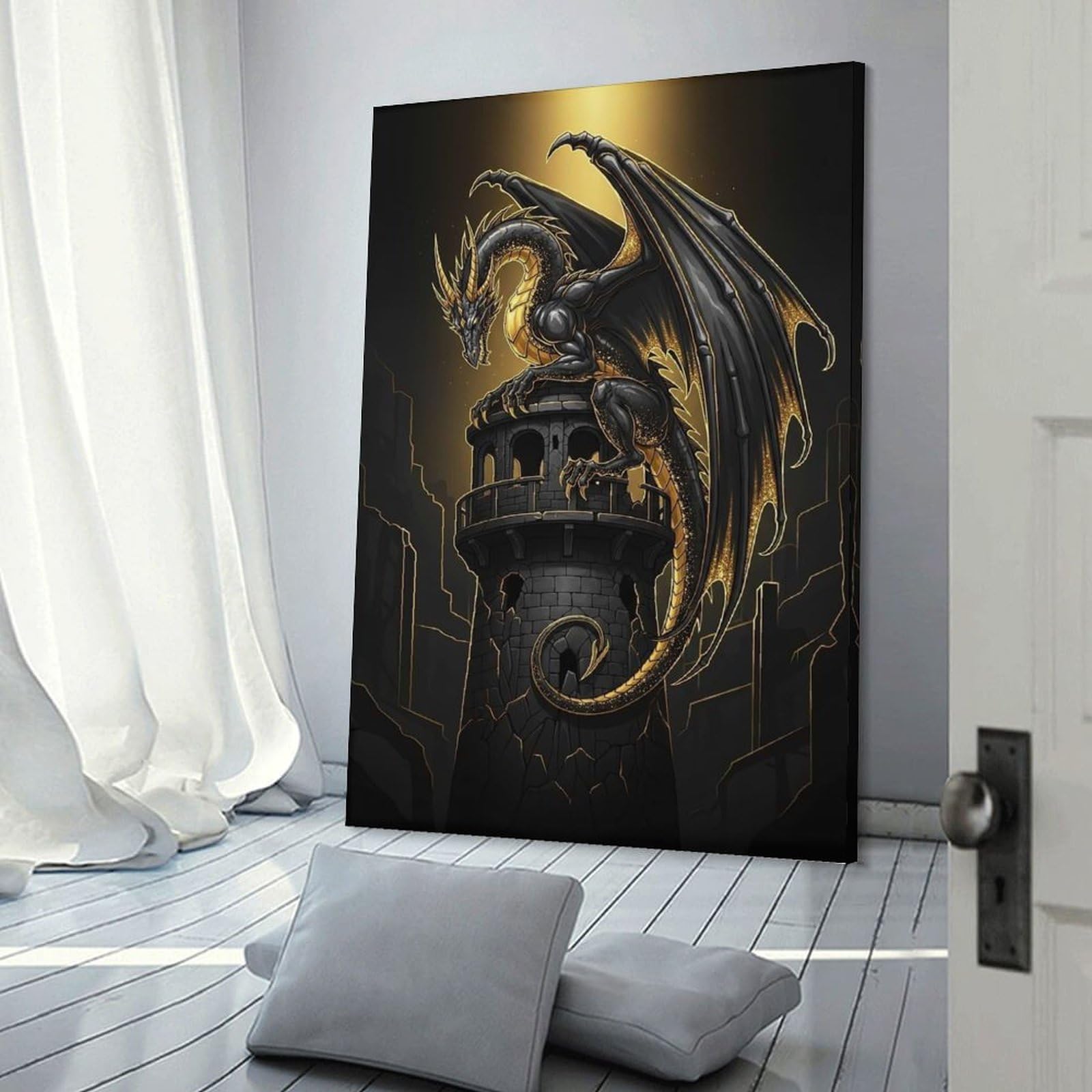 Black And Gold Dragon on Tower Wall Picture Print 20x30inch(50x75cm), for Apartment Walls, Studios Or Work Areas, A Simple Refresh for Blank Walls