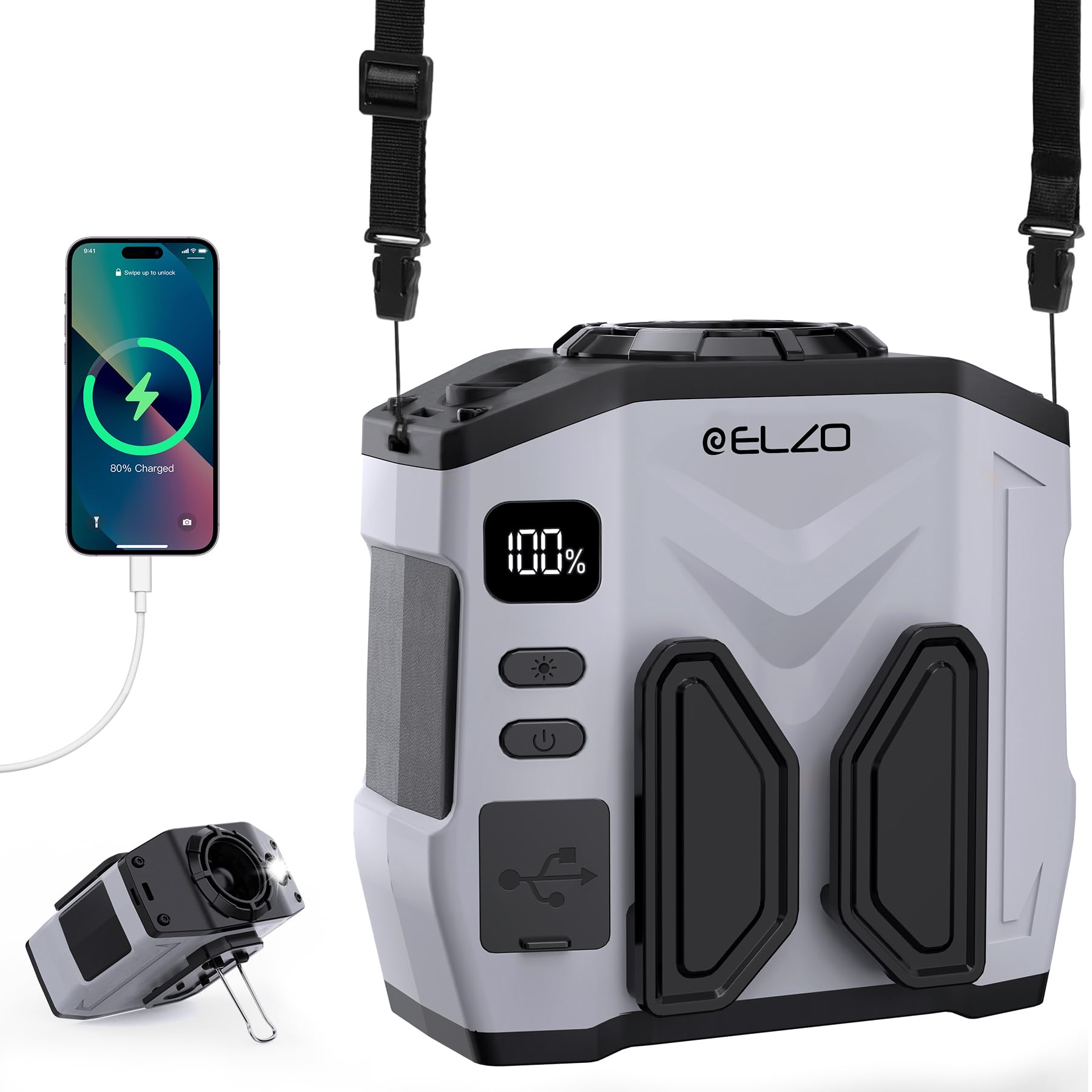 ELZO Ventilateur de taille portable à clipser 10 000 mAh avec 5 réglages de vitesse/fonctionne avec batterie rechargeable/lampe de poche/cou mains libres/refroidissement max 41 h pour camping en plein