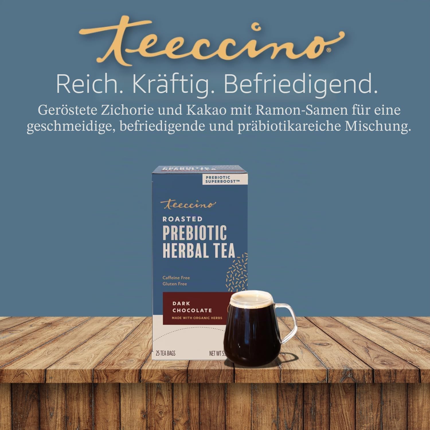 Teeccino Zartbitterschokolade - Präbiotischer Superschub - Kräutertee - Unterstützen Sie Ihre Probiotika mit Präbiotika für eine gute Darmgesundheit und Regelmäßigkeit, 25 Teebeutel