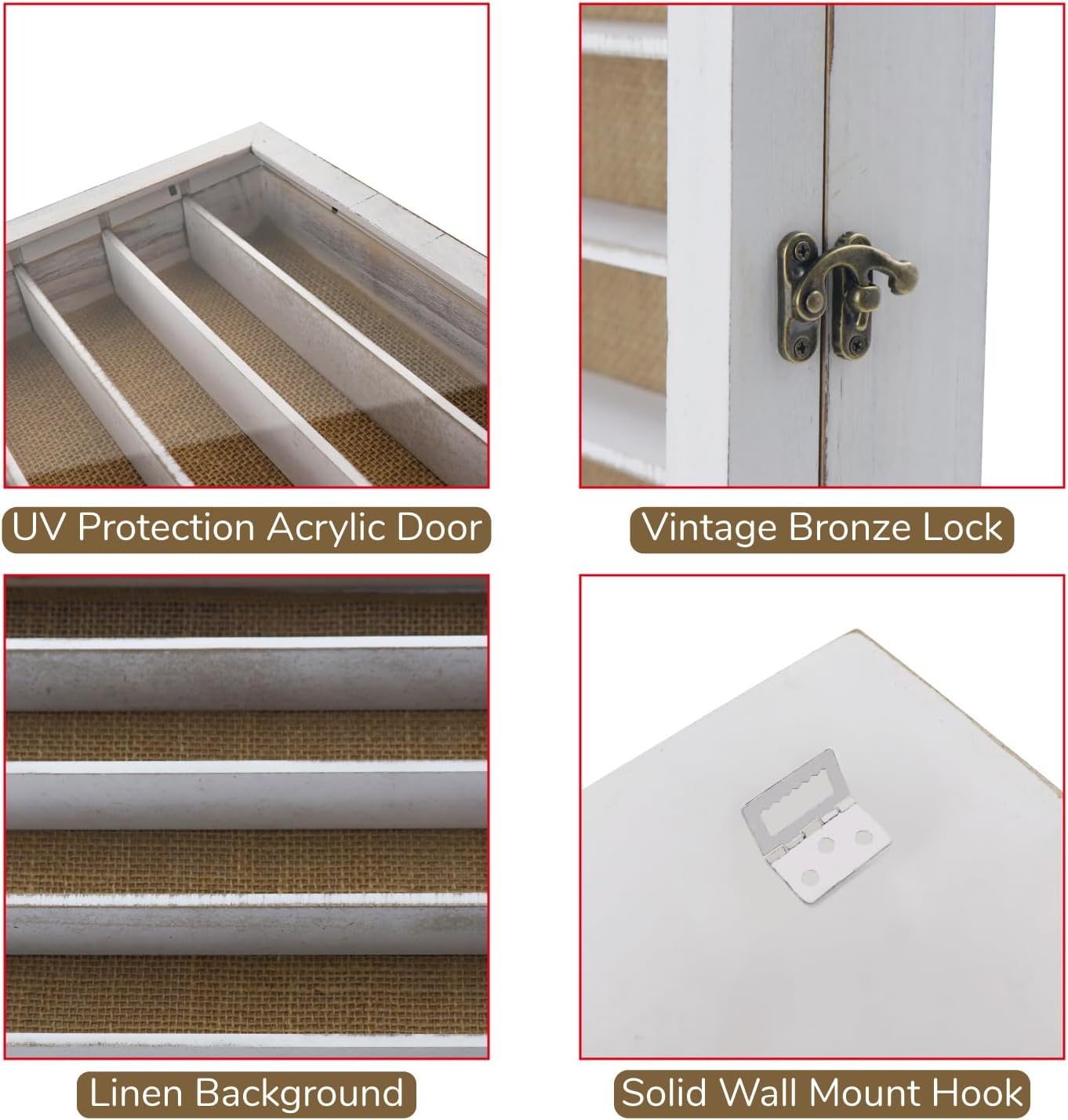 Large Display Case for 1/64 Scale Model Cars, Wall-Mounted or Freestanding Wood Display Cabinet for Hot Wheels, Rocks, Challenge Coins, Mini Toys, Minifigures, UV Protection Shadow Box, Vintage White