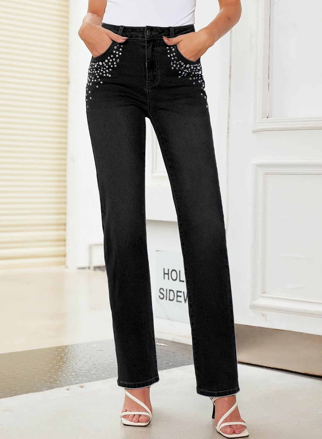 Sidefeel Women's Straight Leg Jeans High Waisted Stretchy Rhinestone Wide Leg Denim Pants - Image 4