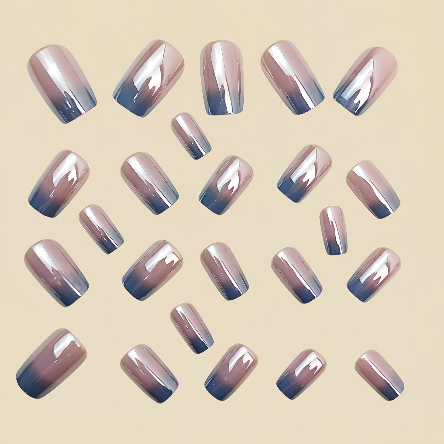 Blue Ombre Press on Nails Medium Square Fake Nails Chrome Mirror False Nails Press ons with Designs Glossy Shiny Gradient Full Cover Glue on Acrylic Nails for Women Nail Decoration 24Pcs