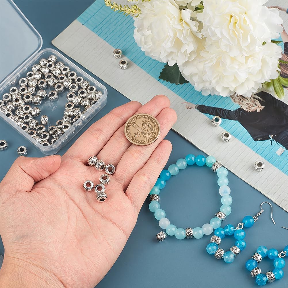 1 Box 150Pcs 3.5mm Large Hole Spacer Beads 8mm Silver European Rondelle Bead Bulk Antique Tibetan Metal Column Barrel Charm Beads for Bracelets Earrings Necklace Jewelry Making Snake Chain - Image 3