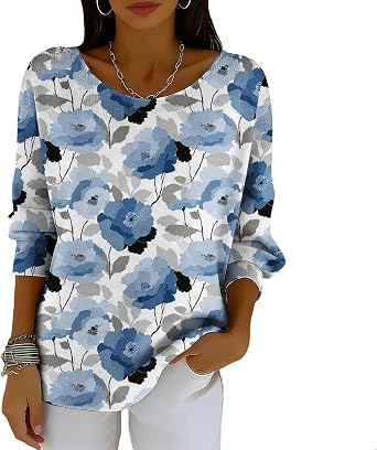 Bohemian Blouses Womens Floral Vintage Western Shirts Long Sleeve Round Neck Casual T-Shirt Trendy
