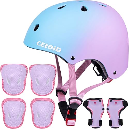 CELOID Juego de almohadillas para casco de bicicleta, patinaje para niños, rodilleras y coderas, muñequeras para niños de 5-8-10-12-14-16 años para