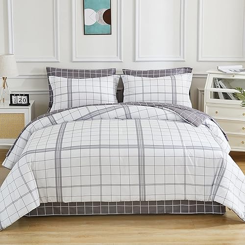 EMME Juego de edredón King de 7 piezas Bed in a Bag, ropa de cama a cuadros con edredón blanco y negro, sábanas, fundas de almohada y fundas,