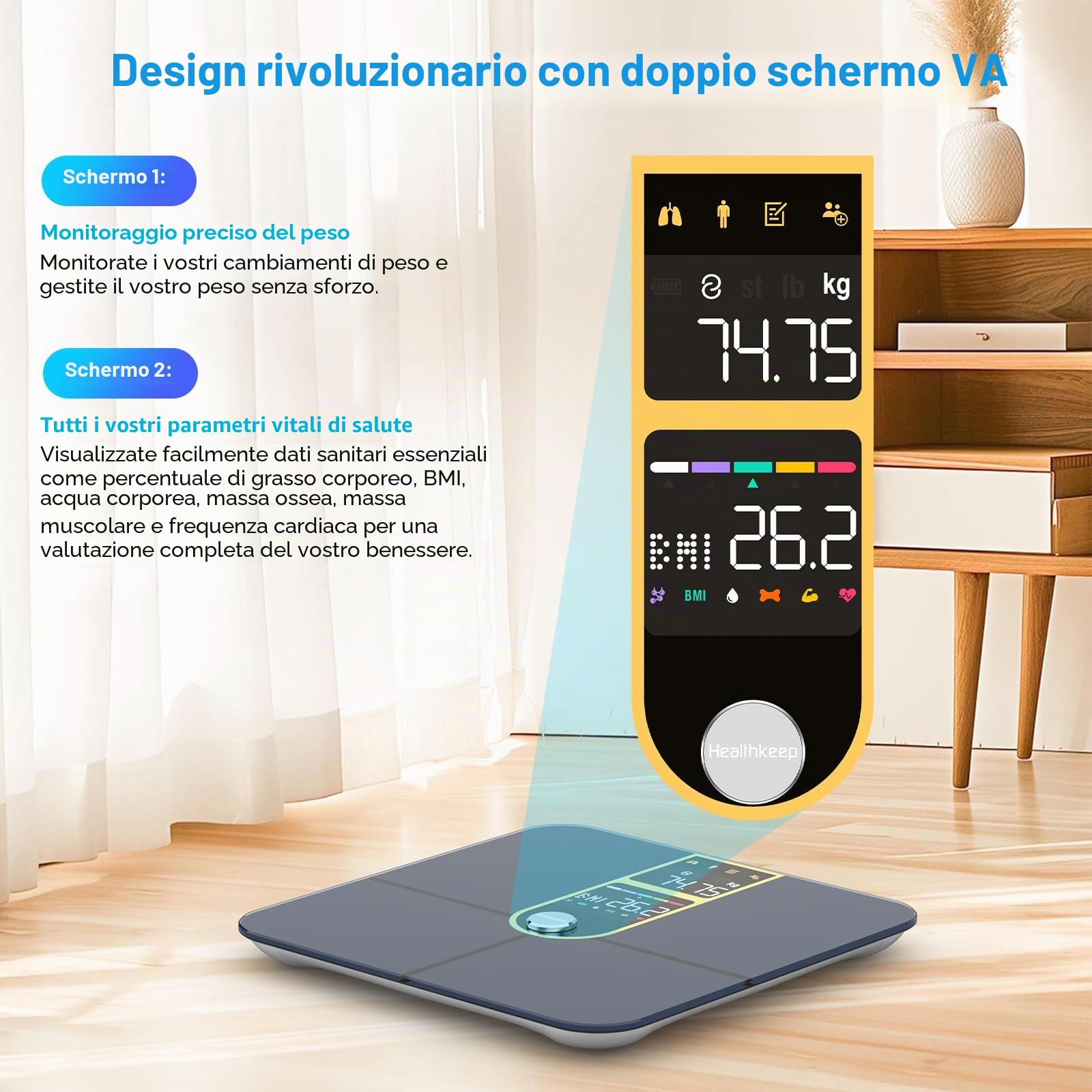 Healthkeep Personenwaage, angeschlossen, Bluetooth, mit 2 VA-Bildschirmen und ITO-Beschichtungstechnologie, 16 Körperdaten mit Herzfrequenz, App, für Android und iOS 180 kg/400 lb, goldfarben
