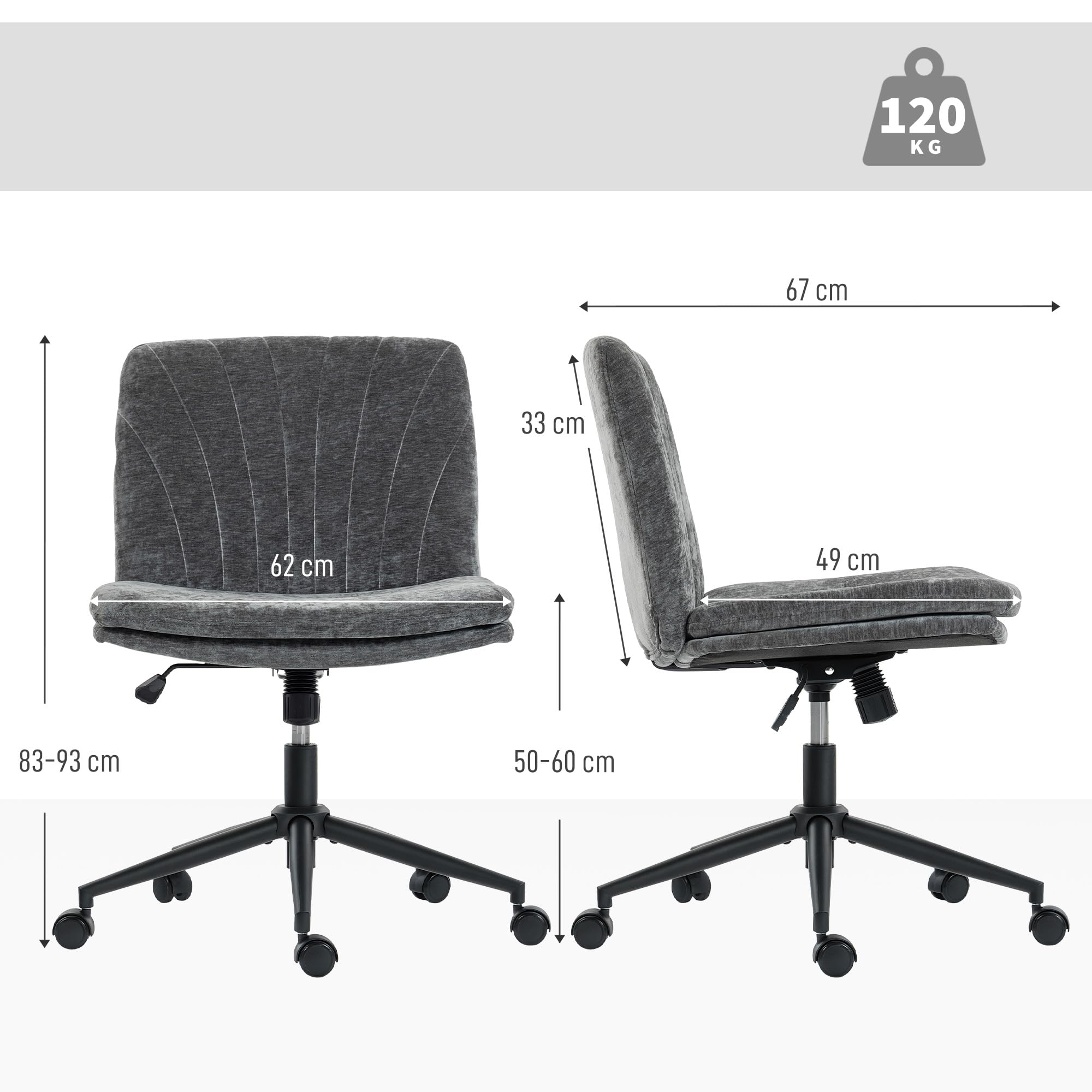 HOMCOM Silla de Oficina Piernas Cruzadas, Ruedas, 62x67x83-93 cm, Gris | Silla de Escritorio, Asiento Ancho, sin Reposabrazos, Altura Ajustable, Giratoria, Función Basculante, Tapizada en Chenilla