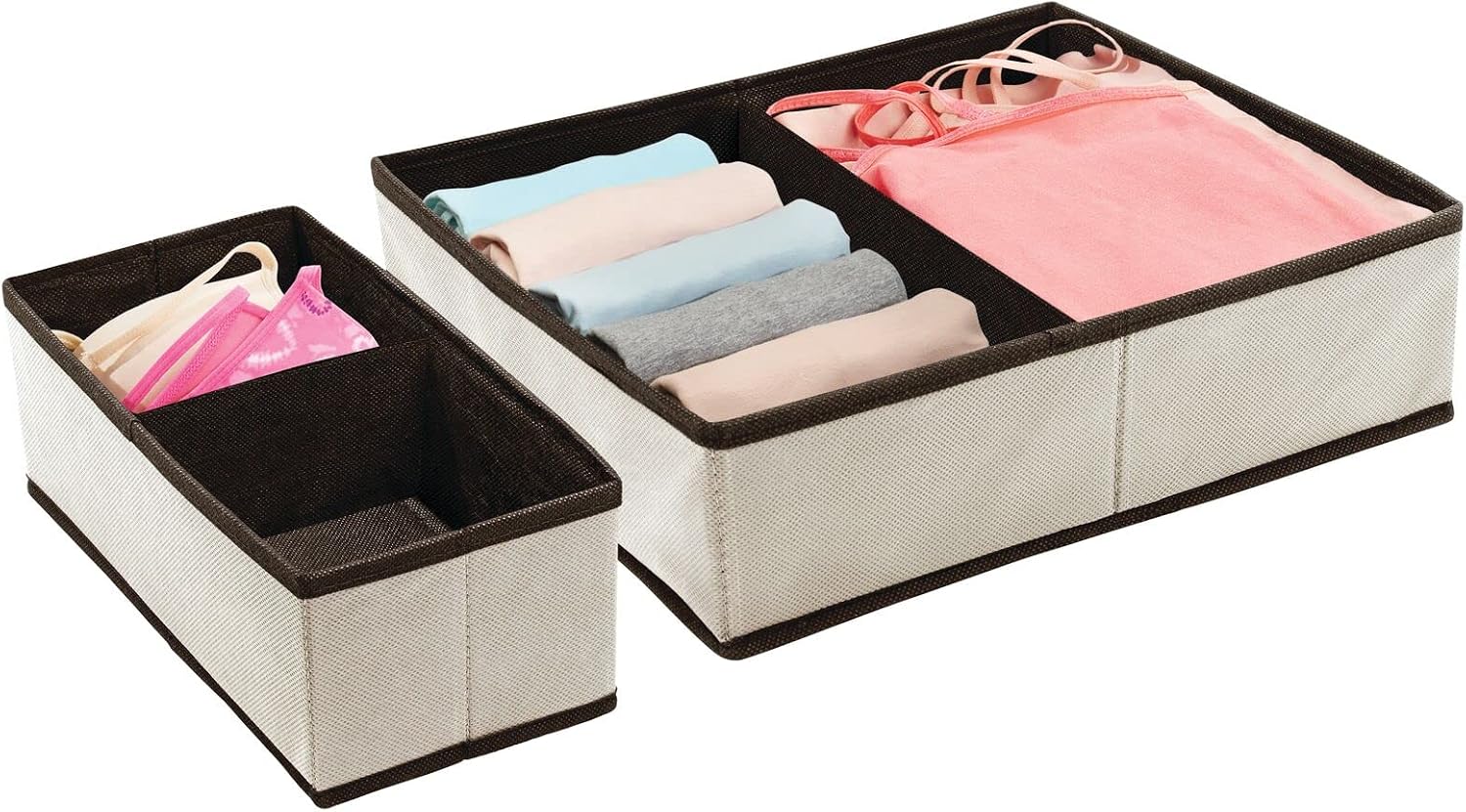 mDesign Soft Fabric Dresser Drawer and Closet Storage Organizer Bin for Bedroom - Holds Lingerie, Bras, Socks, Leggings, Clothes, Purses, Scarves, Jane Collection - Cream/Espresso