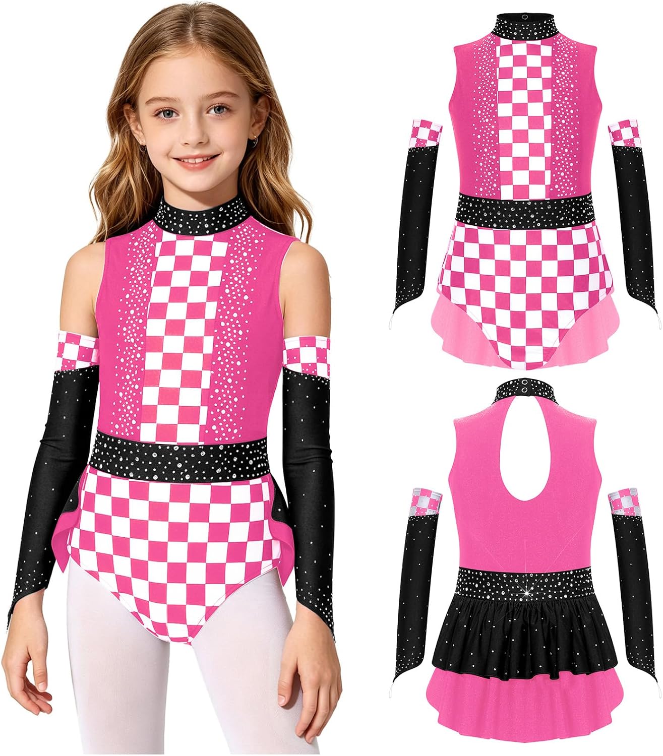 YiZYiF Kids Racing Suit Stage Performance Sparkly Dance Leotard Plaid Printed Rhinestone Bodysuit with Oversleeves